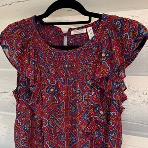 Anthropologie Burgundy and Blue Patterned Blouse